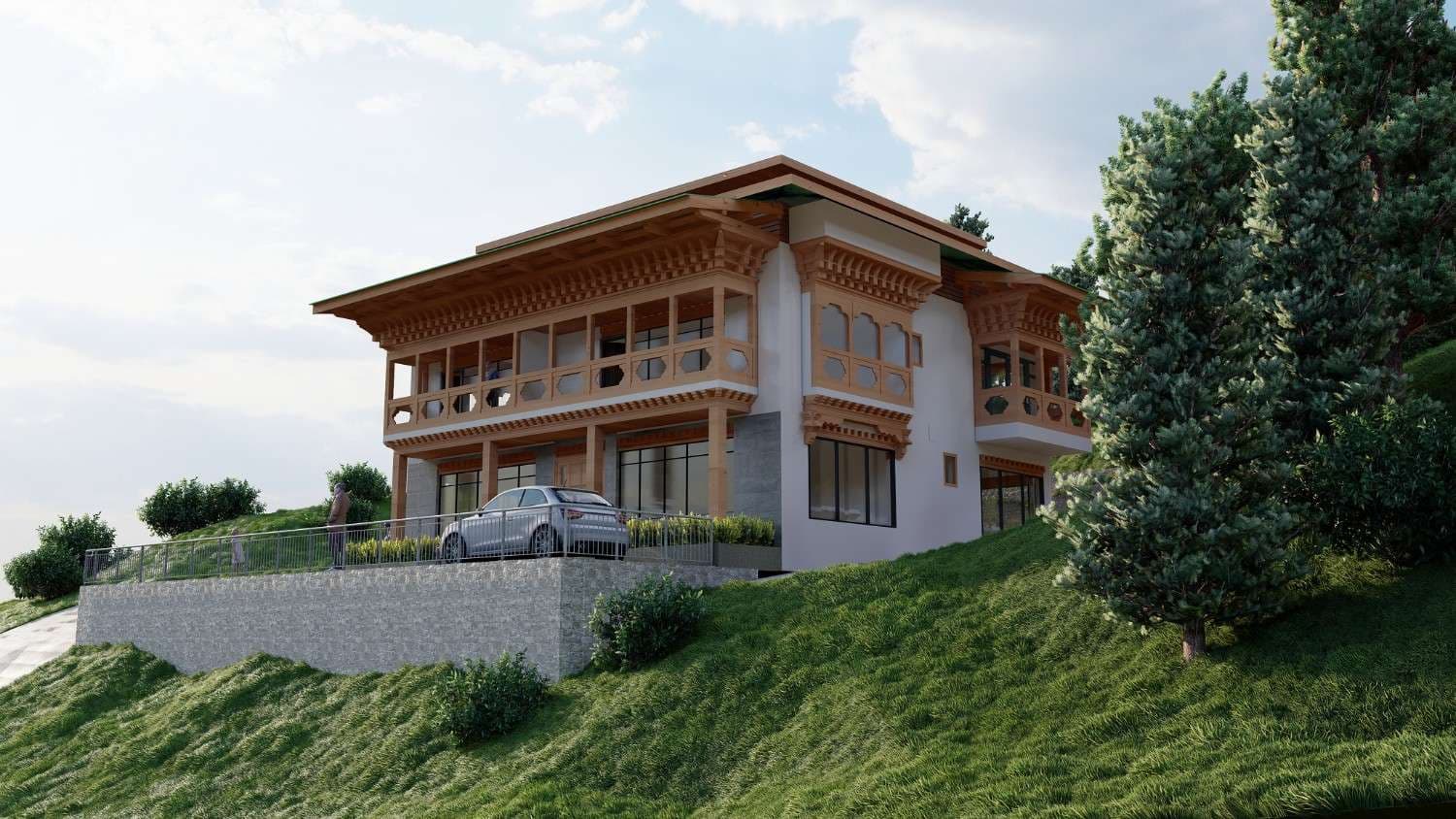 3D visualization of G+1+Jamthog residential project at Namselling, Thimphu