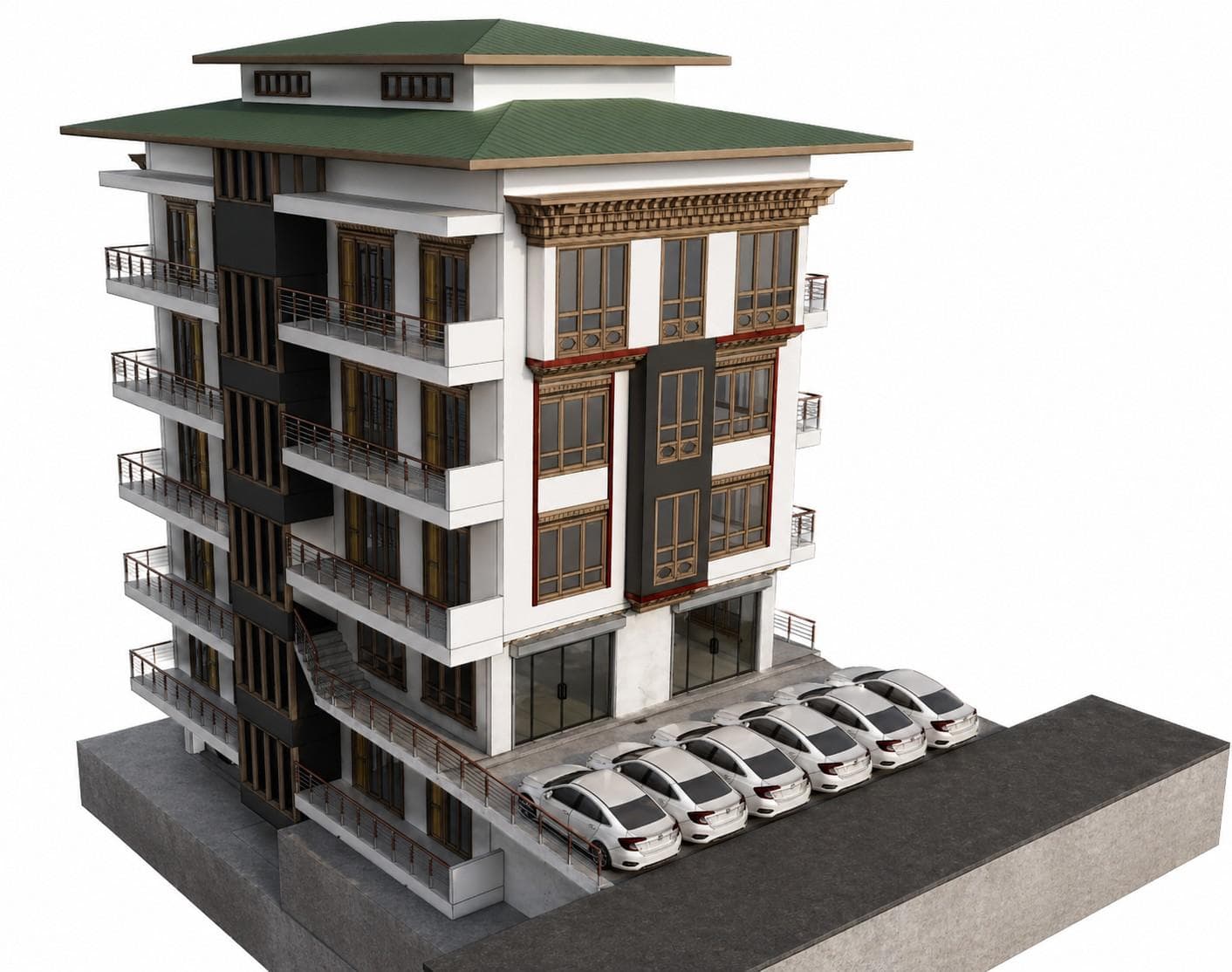 3D visualization of 1/2S+G+4+Jamthog at Changbangdu, Thimphu