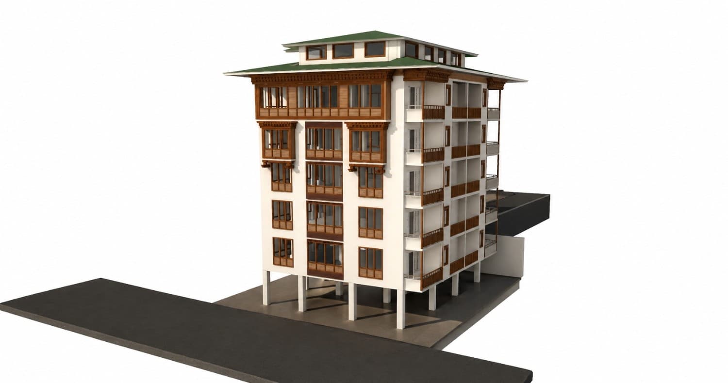 3D visualization of S+G+4+Jamthog at Taba, Thimphu