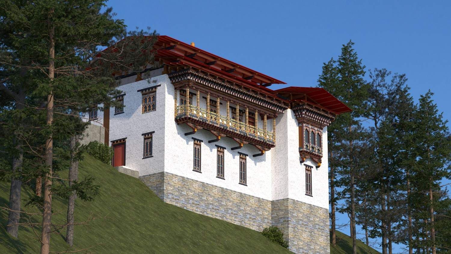 3D concept of two-storied residence at Kharchu Jampachoekhorling Nunnery, Nangzor, Monggar