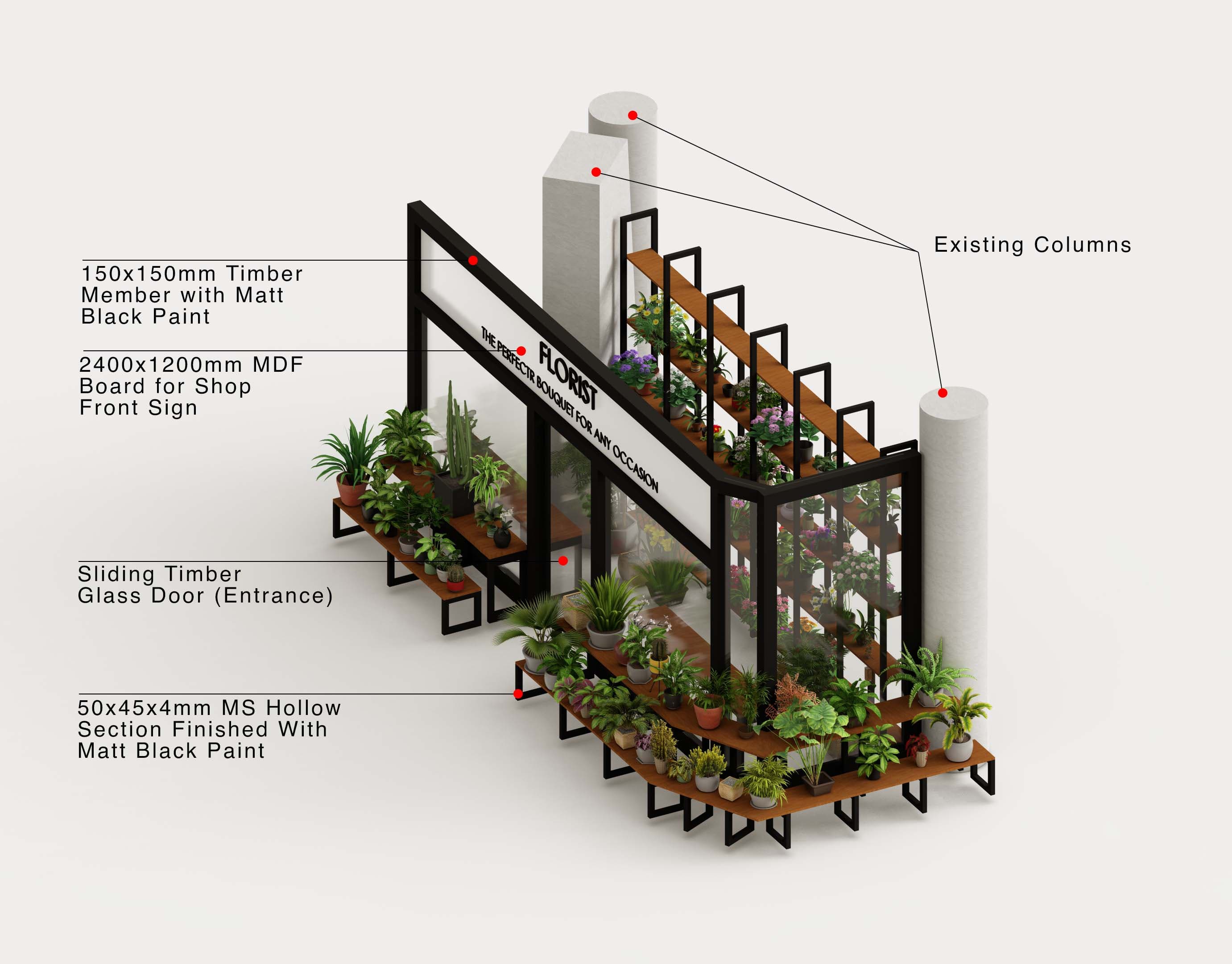 Flower shop with open displays and glass frontage