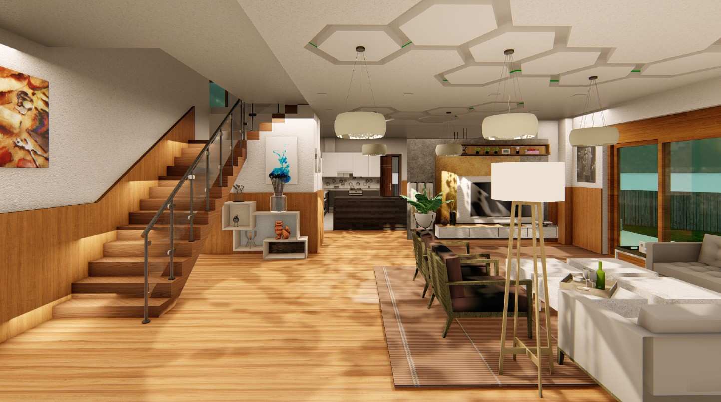 Open-plan kitchen, living, and circulation interior